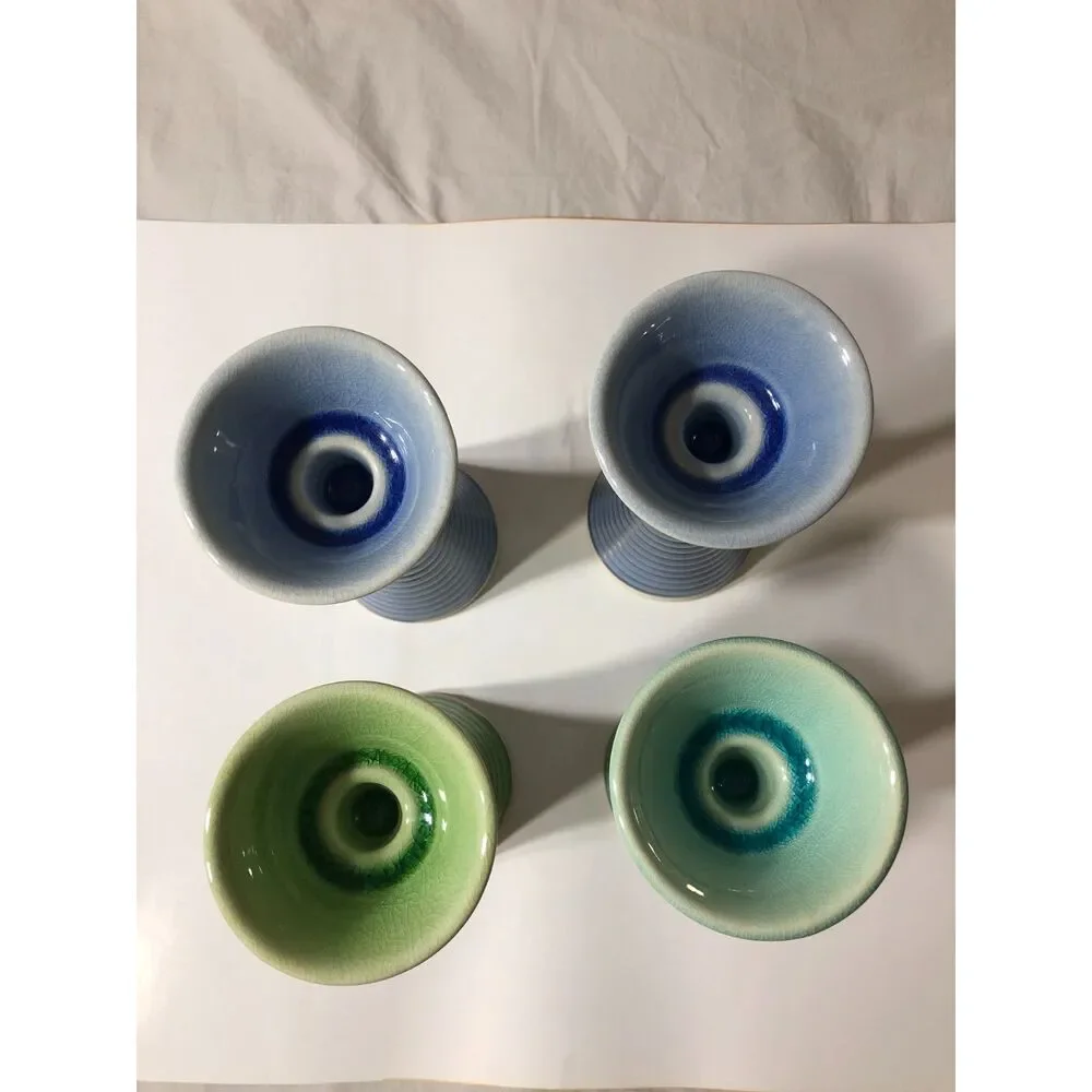 Pair Vintage IKEA Skamt Ceramic Taper Candle Holder Blue or Green Y2K Postmodern